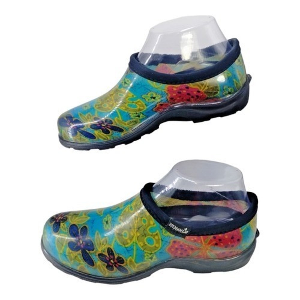Sloggers Garden Clogs Waterproof Shoes Blue Teal Flowers Womens‎ Size 6